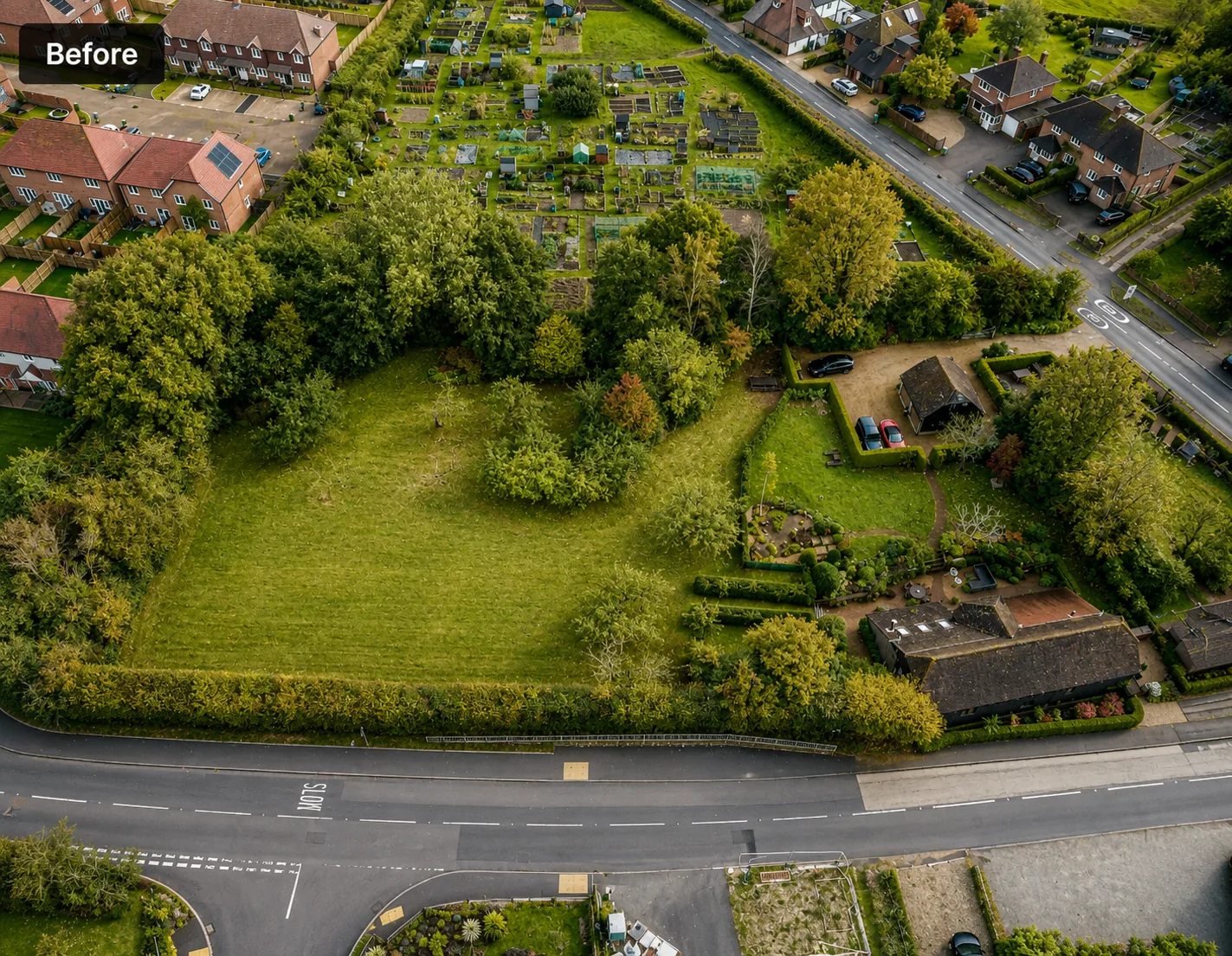 Before — paddock site bordered by allotments and existing housing